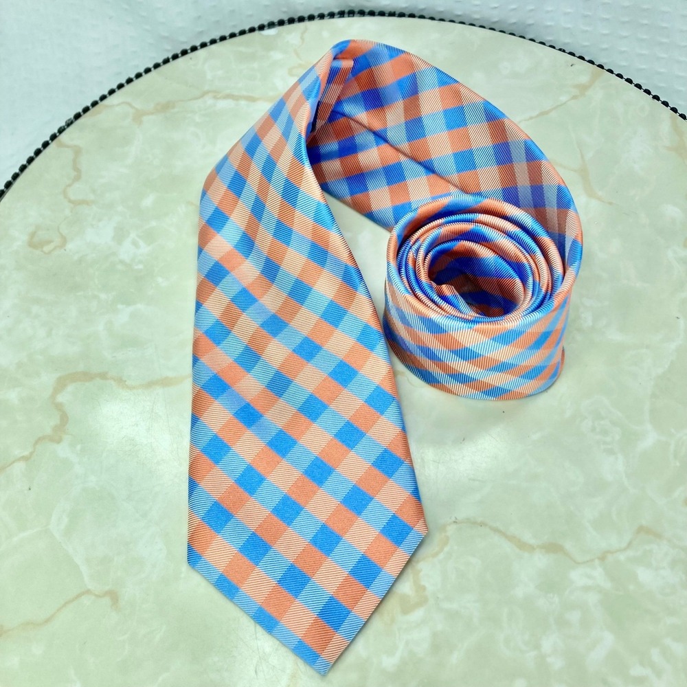 Nautica Gingham Check Silk Tie Men OS Orange Blue Extra Long Classic Plaid Work